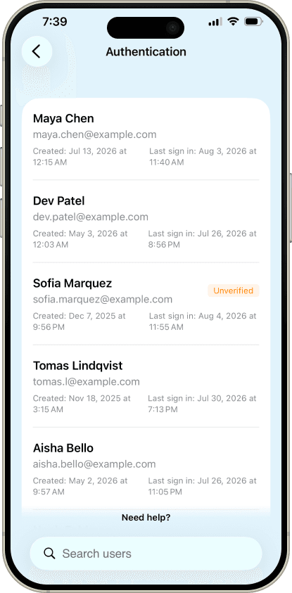 FireLog authentication screen listing users with created and last sign-in dates